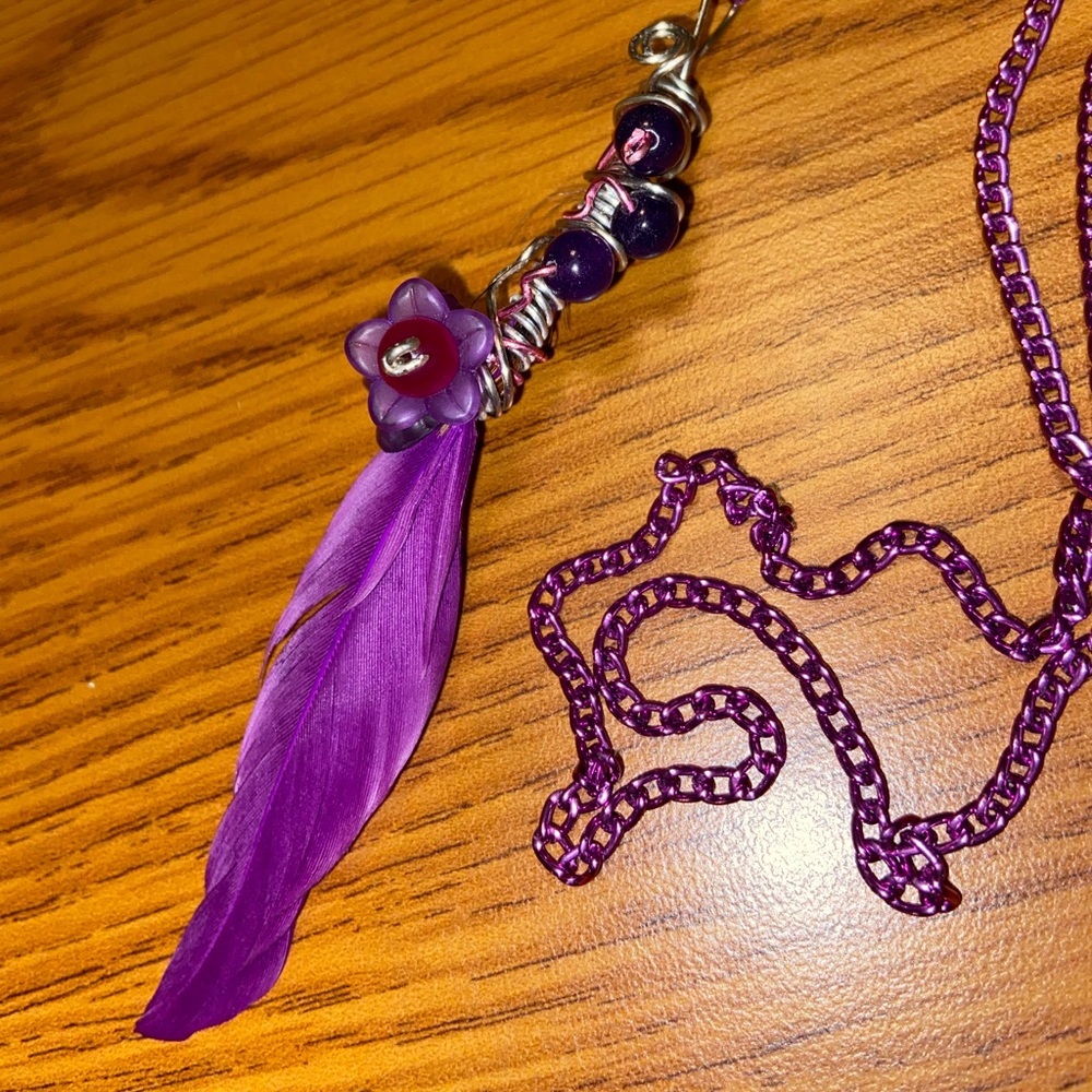 Purple Feather and Bead Necklace